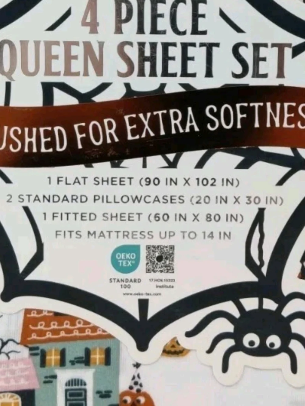 Haunted House Village Queen Bed Sheets Witch Black Cat Ghost Pumpkin Halloween